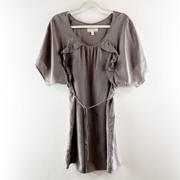 Moulinette Soeurs Short Puff Sleeve Belted Silk Mini Dress Dove Gray 6 - Picture 1 of 9